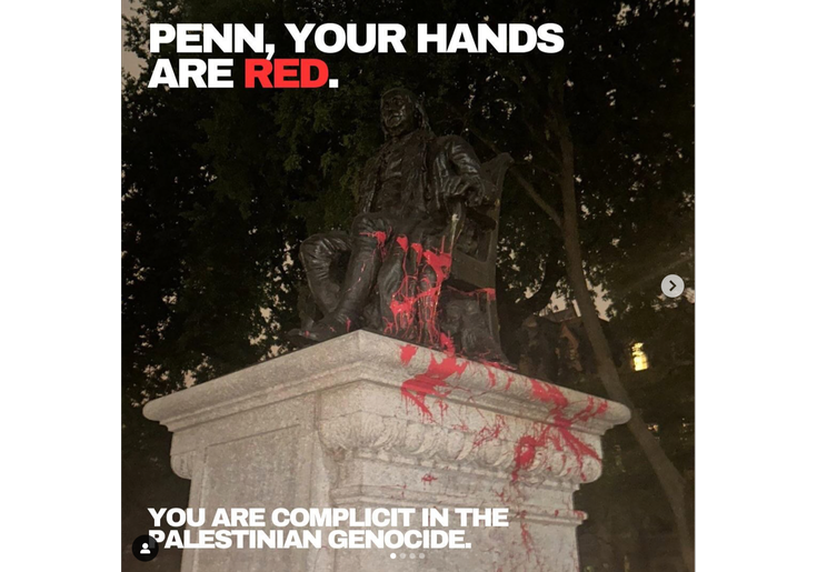 Banned Anti-Israel Student Group at Penn Throws Red Paint on Ben Franklin Statue